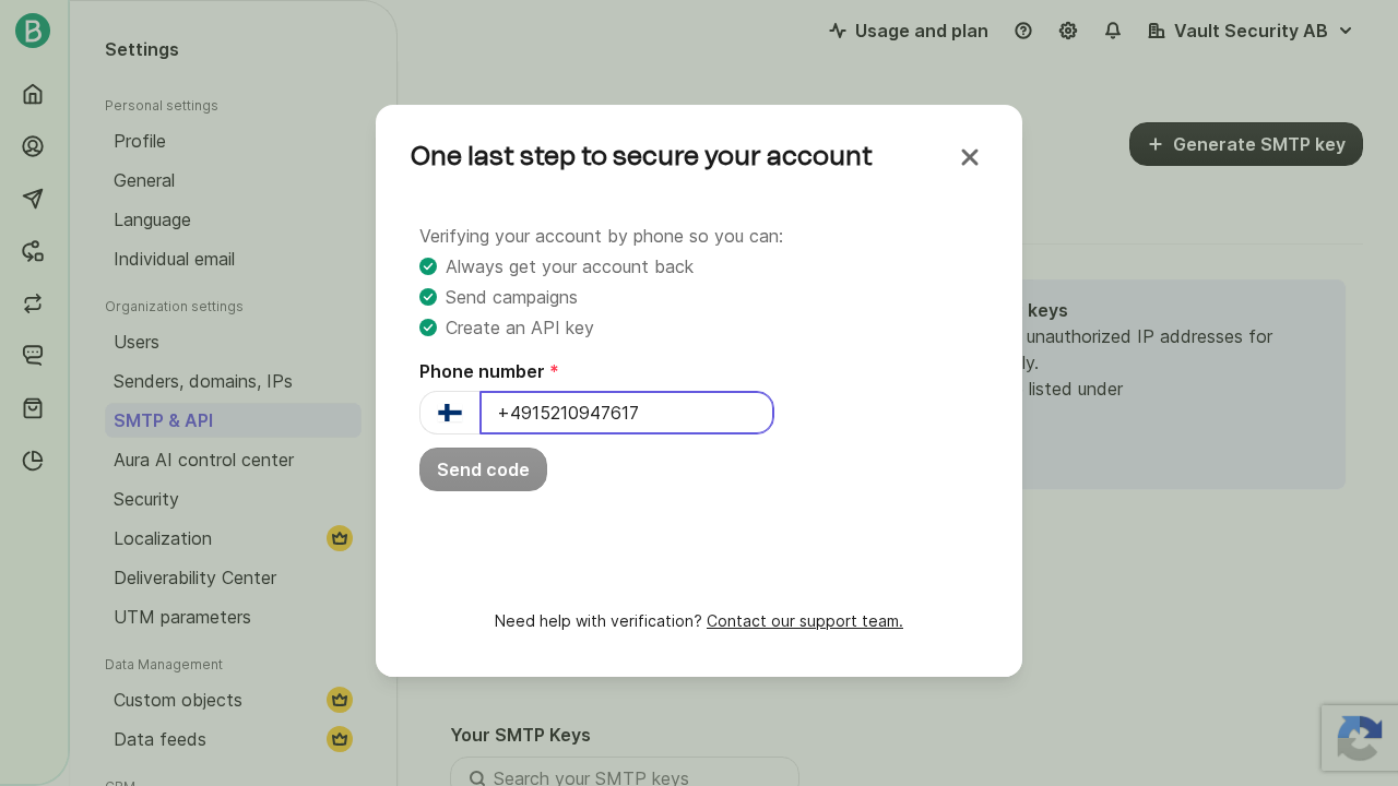 Brevo onboarding form demanding a phone number, where the agent got stuck