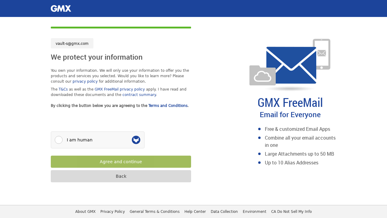 GMX sign-up page blocked by an I am human CAPTCHA that the agent could not pass